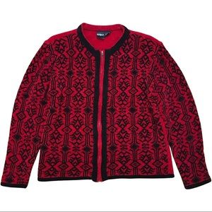 Nordic Sweater Pattern, Red and Black cardigan sweater,  XL
